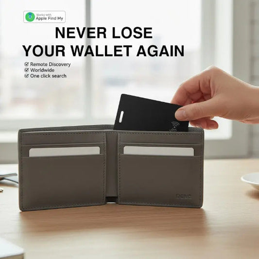 Person placing a card into an open wallet with a cup of coffee in the background, featuring Apple Find My app.