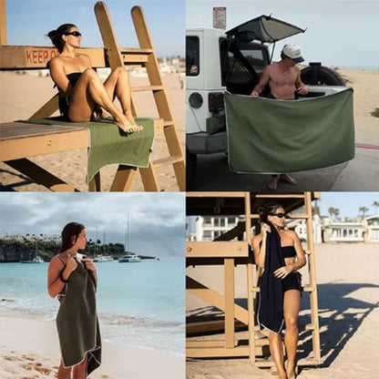 Collage of a woman using a green towel on a beach and in other settings.