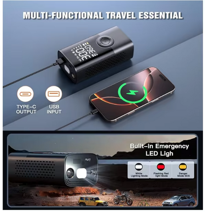Multi-functional travel essential device with charging capabilities and emergency light feature.