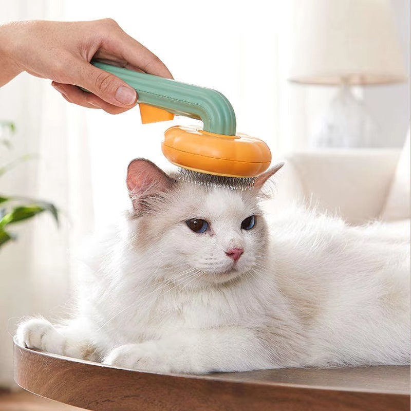A white long-haired cat lies on a wooden table while a hand uses an orange and mint green pet grooming brush on its head in a bright indoor setting.