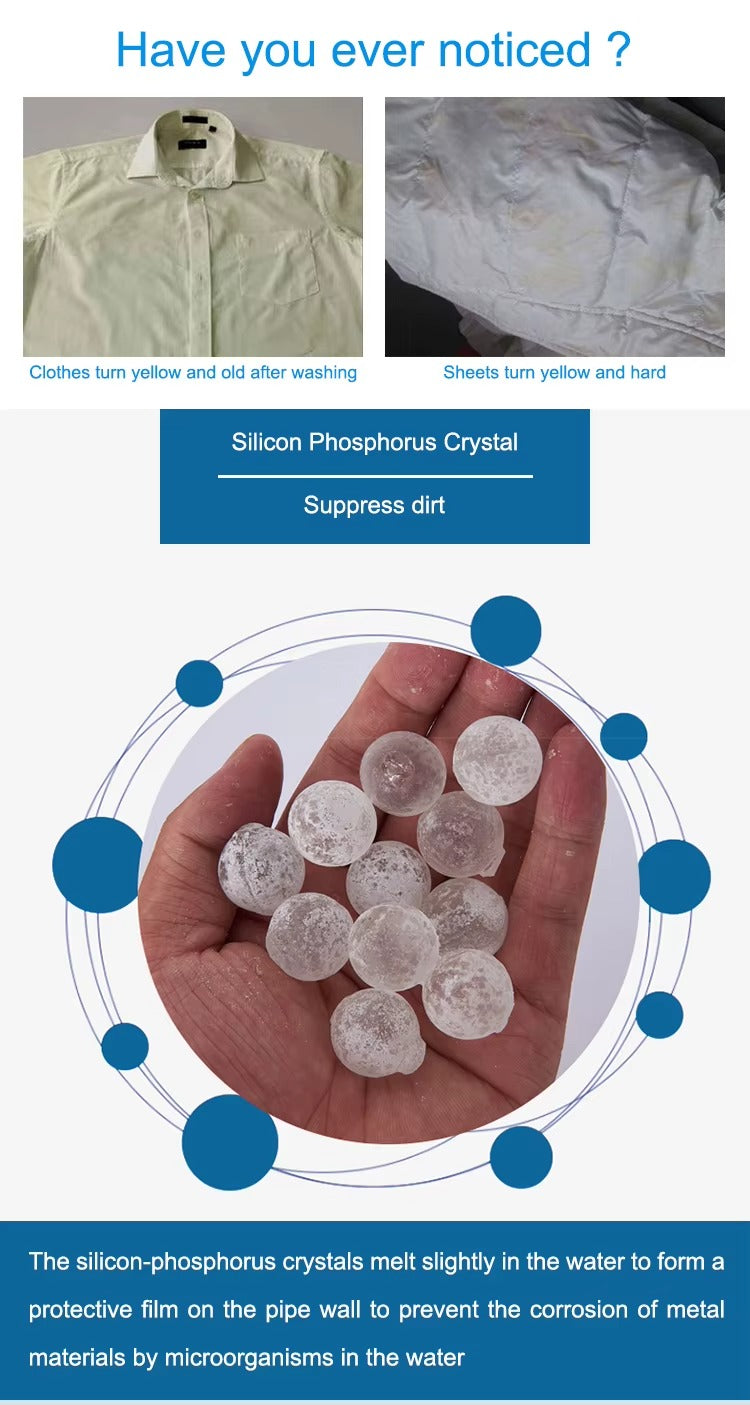 Advertisement for silicon phosphorus crystals with images of yellowed clothes and a hand holding crystals.