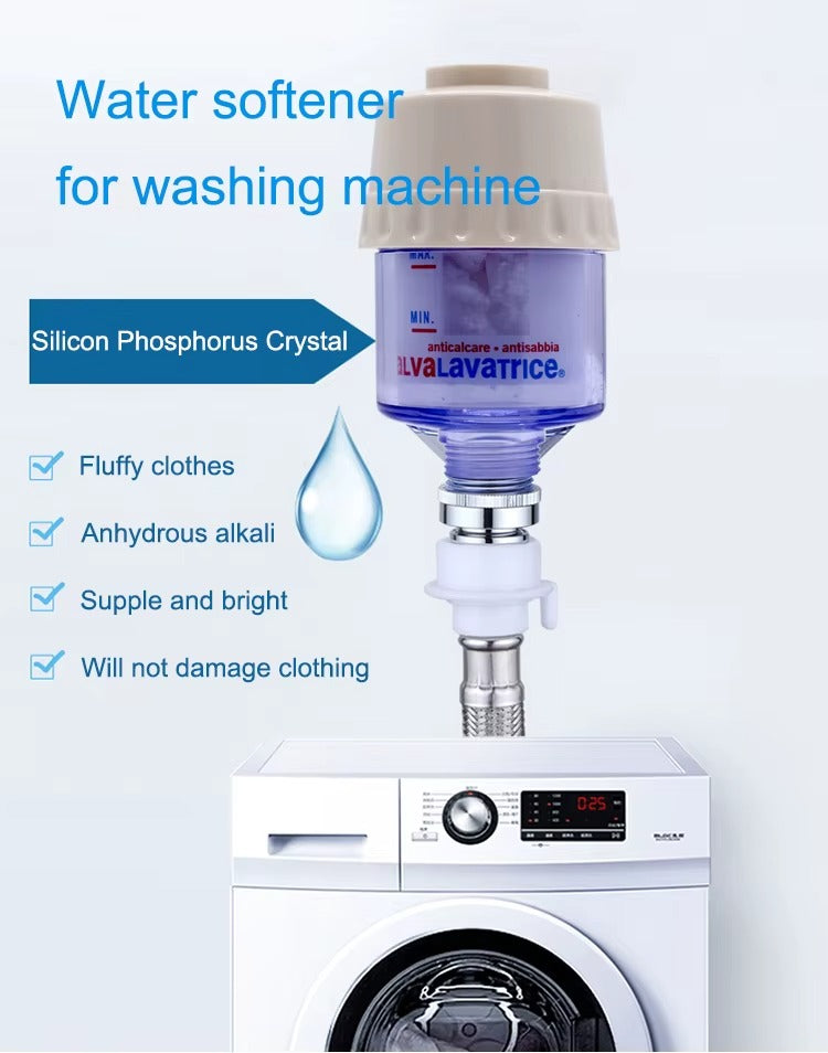Water softener for washing machine with ALVALAVATRICE branding on a white background