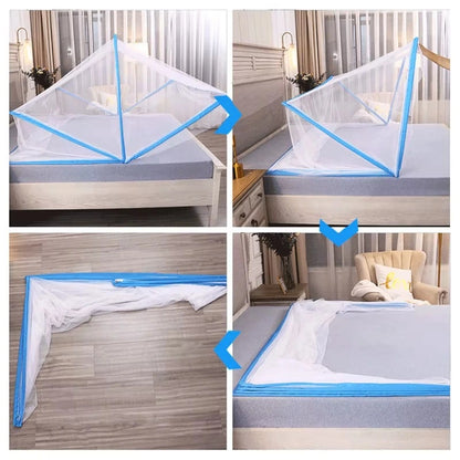 A four-panel collage showing a mosquito net bed cover being assembled and fitted over a mattress in a bedroom setting. The product is white with bright blue trim, and blue arrows indicate the assembly steps.