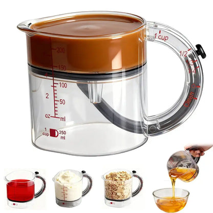 Clear measuring cup with brown liquid, shown with additional uses and measurements.