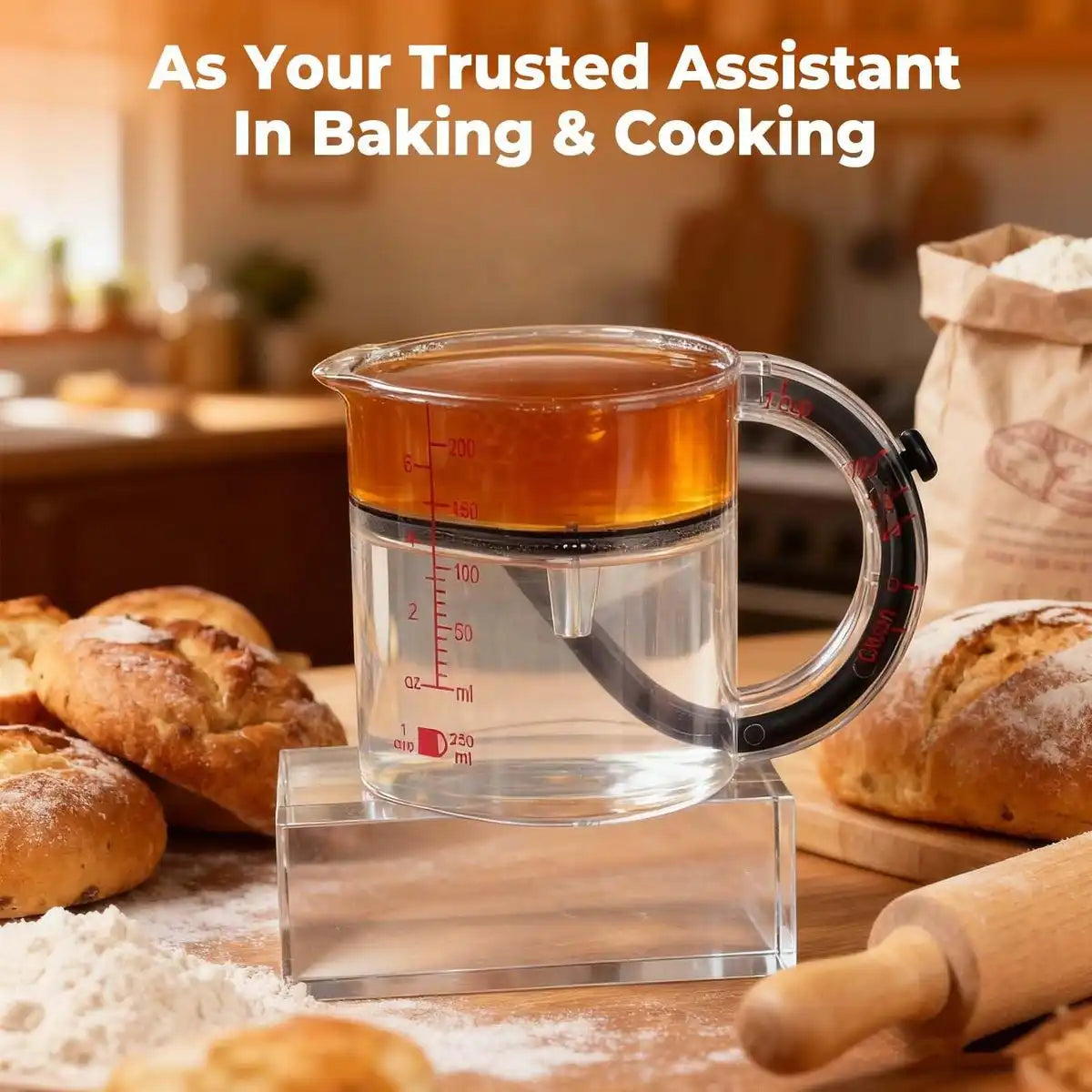 Measuring cup with liquid on a kitchen counter with bread and flour